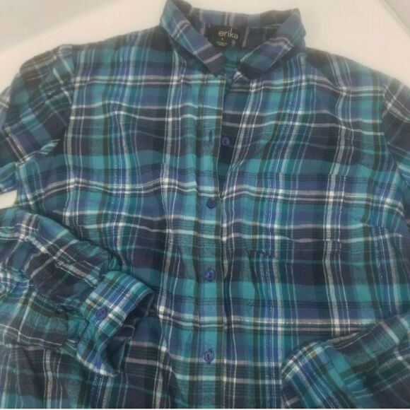 Erika Blue and Silver Plaid Button Up Cotton Flannel Women's Size Small - Picture 4 of 7